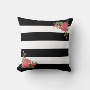 Peony flowers on black & white striped cushion