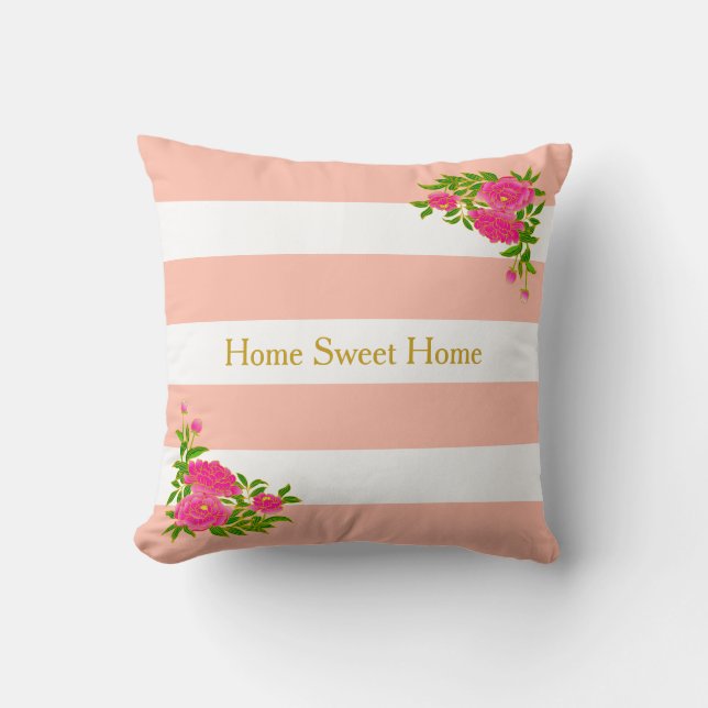 Peony flowers on coral pink & white striped cushion (Front)
