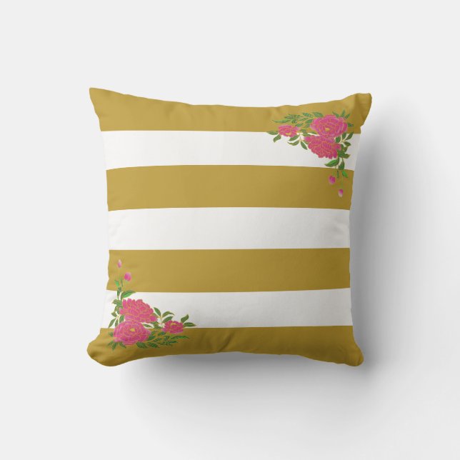 Peony flowers on golden & white striped cushion (Front)