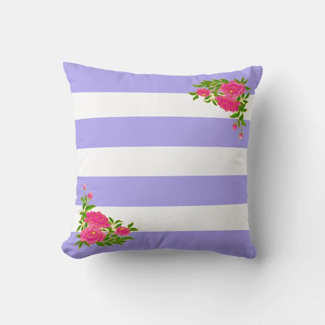 Peony flowers on periwinkle & white striped cushion (Front)