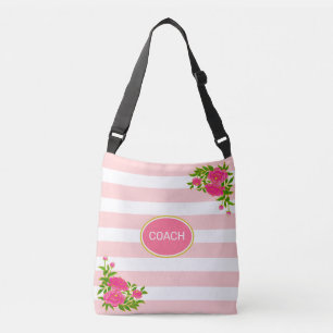 Peony flowers on pink & white striped crossbody bag