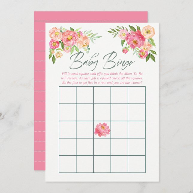 Peony flowers Spring Baby Shower Baby Bingo Invitation (Front/Back)