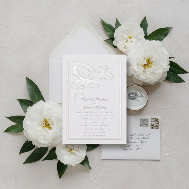 Peony Formal Modern Classic Elegant Ivory Wedding Invitation (faux embossed peony wedding invitation formal traditional ivory frame calligraphy modern classic)