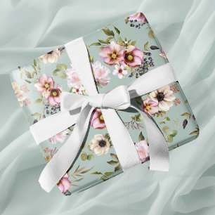 Peony Garden Jade Green Wedding Wrapping Paper