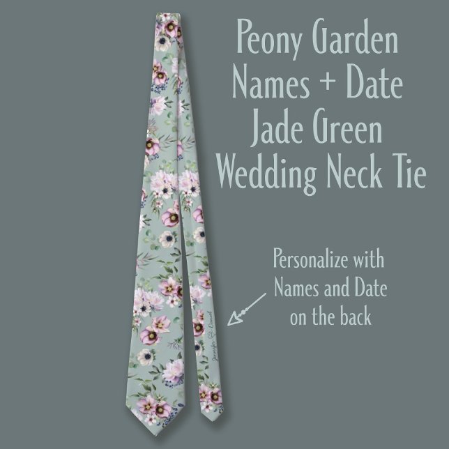 Peony Garden Names + Date Jade Green Wedding Tie (Creator Uploaded)