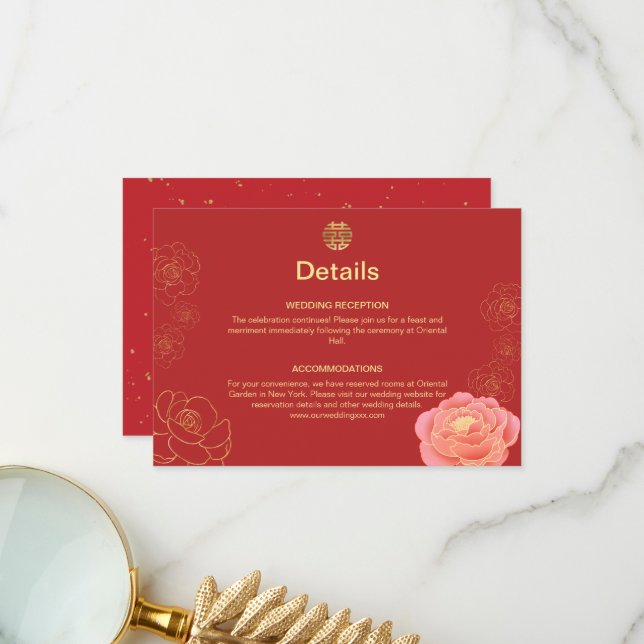 Peony Gold Chinese Wedding Details Enclosure Card (Front/Back In Situ)