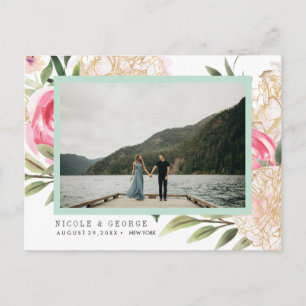 Peony gold flowers Photo WEDDING SAVE THE DATE Announcement Postcard