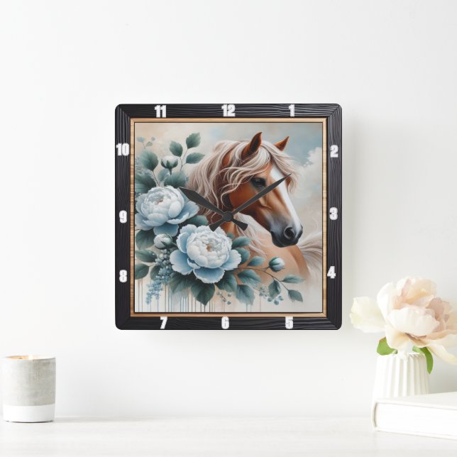 Peony Horse Floral Timepiece Square Wall Clock (Home)