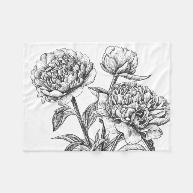 Peony ink drawing fleece blanket (Front (Horizontal))