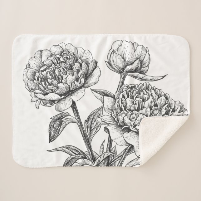 Peony ink drawing sherpa blanket (Front (Horizontal))