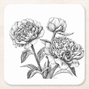 Peony ink drawing square paper coaster