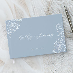 Peony Line Art Dusty Blue Wedding Guest Book