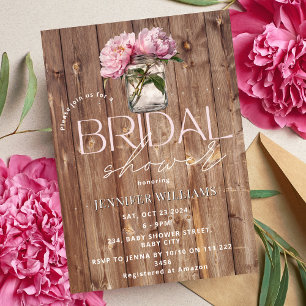 Peony Mason Jar Rustic Chic Picnic Bridal Shower Invitation