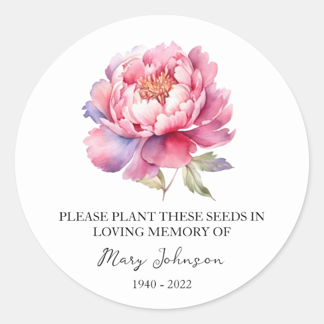 Peony Memorial Funeral Seed Packet Classic Round Sticker (Front)