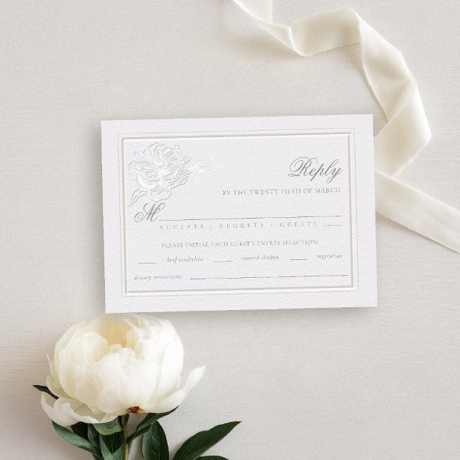 Peony Modern Formal Elegant Wedding Meal RSVP (peony wedding rsvp reply meal formal modern classic traditional calligraphy double frame faux emboss)