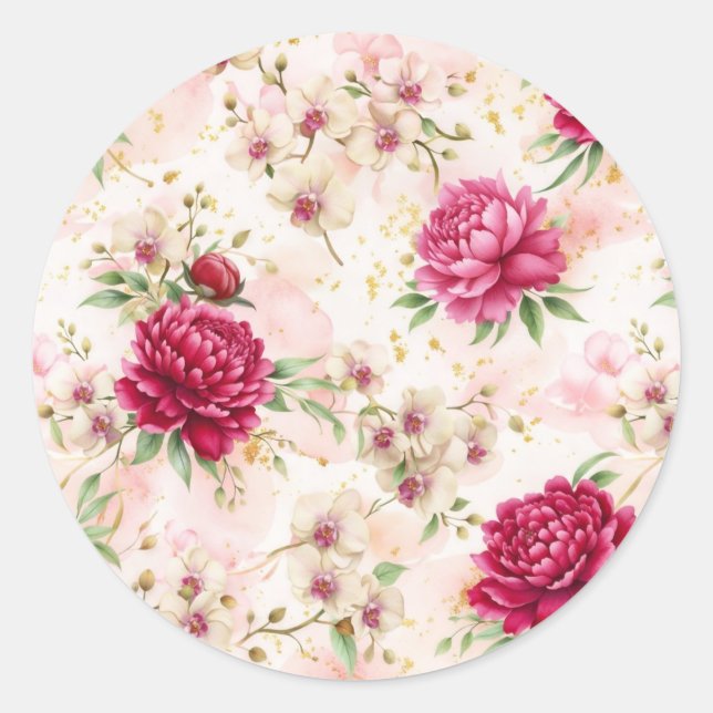 Peony & Orchid Garden Floral Glam Wedding  Classic Round Sticker (Front)
