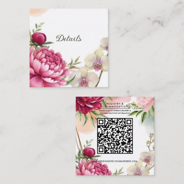 Peony & Orchid Garden Floral Wedding Detail Square Business Card (Front/Back)