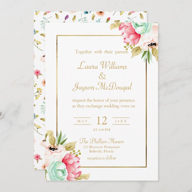 Peony Pastel Watercolors Gold Script Wedding Invitation (Front/Back)