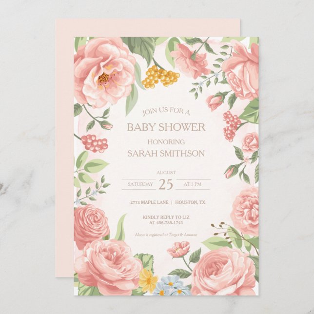Peony Pink Botanical Baby Shower Invitation (Front/Back)