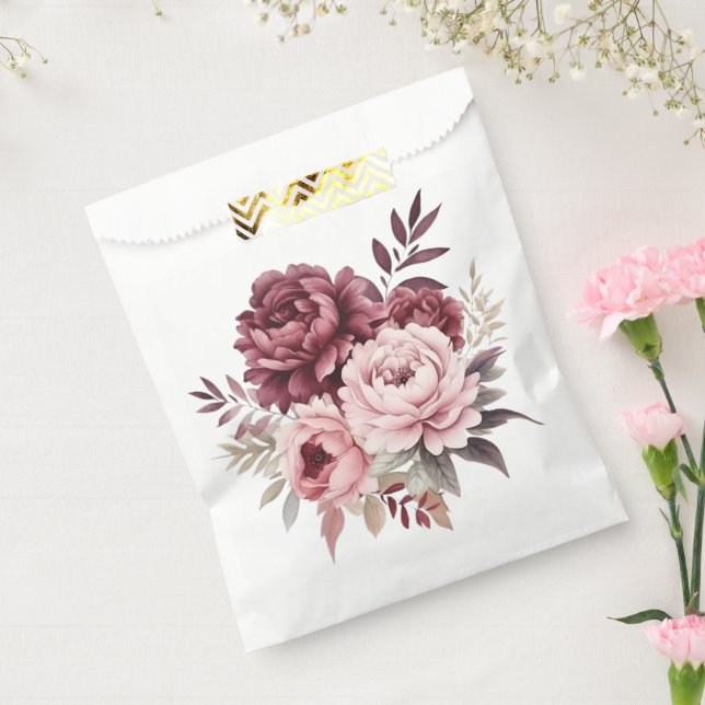Peony Pink Burgundy Watercolor Floral Wedding Favour Bags (Sealed)