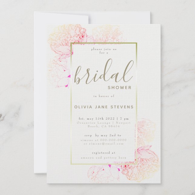 Peony Pink Gold Elegant Floral Frame Bridal Shower Invitation (Front)