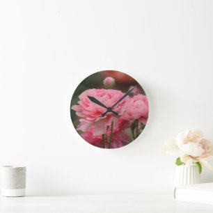 Peony Pink Ranunculus Closeup Round Clock