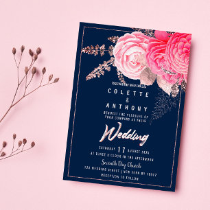 Peony pink rose gold navy blue floral Wedding  Invitation