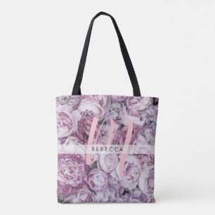 Peony Pink Roses Floral Monogram Tote Bag