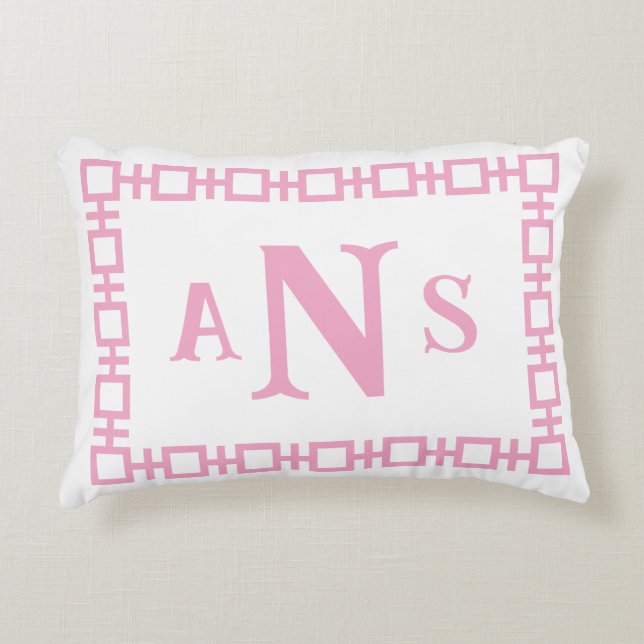 Peony Pink Square Greek Key Monogram Decorative Cushion (Front)