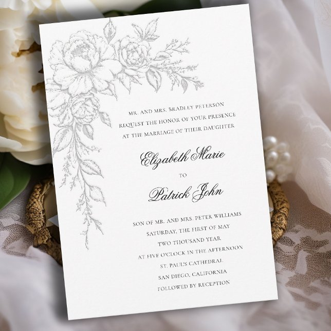 Peony Radiant White Elegant Formal Classic Wedding Invitation (peony wedding invitation formal traditional modern classic art sketch black white parents host)