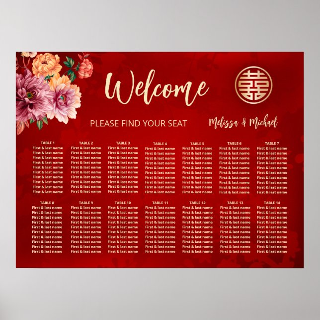 Peony Red Chinese Wedding Seating Chart (Front)