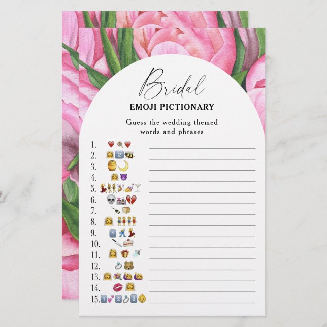 Peony roses - bridal shower emoji pictionary game (Front/Back)