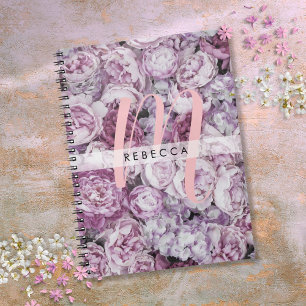Peony Roses Floral Pink Script Monogram Notebook