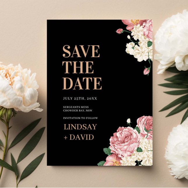 Peony Roses on Black Floral Save the Date Invitation (Creator Uploaded)