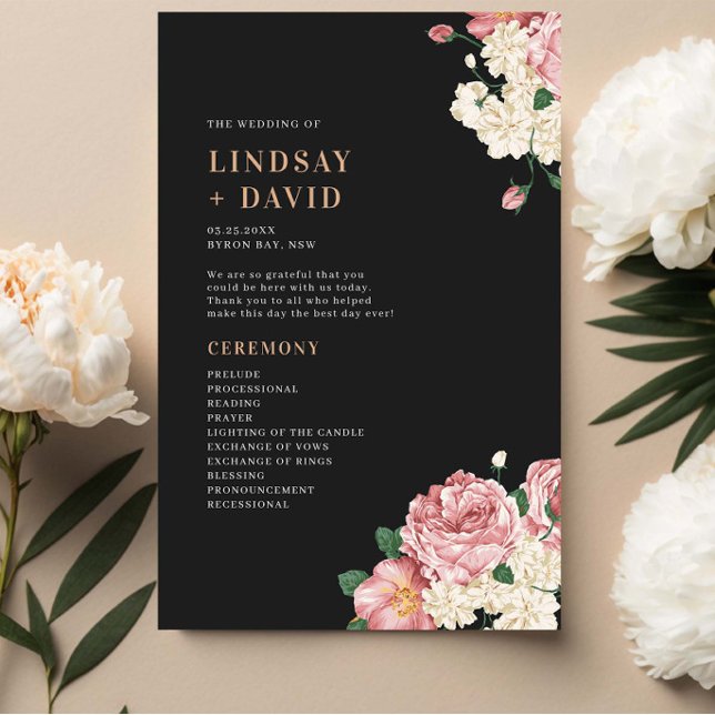 Peony Roses on Black Wedding Ceremony Program (Creator Uploaded)