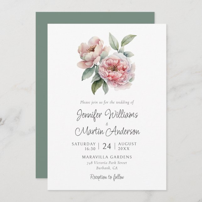 Peony Rustic Pink Floral Wedding Invitation (Front/Back)