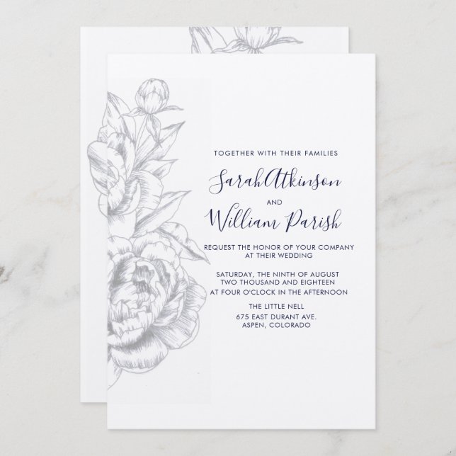 Peony Simple Wedding Invitation (Front/Back)