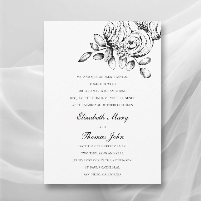Peony Sketch Black White Formal Classic Wedding Invitation (peony wedding invitation formal traditional parents name floral sketch black white classic romantic)