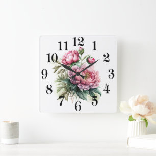 Peony Square Wall Clock