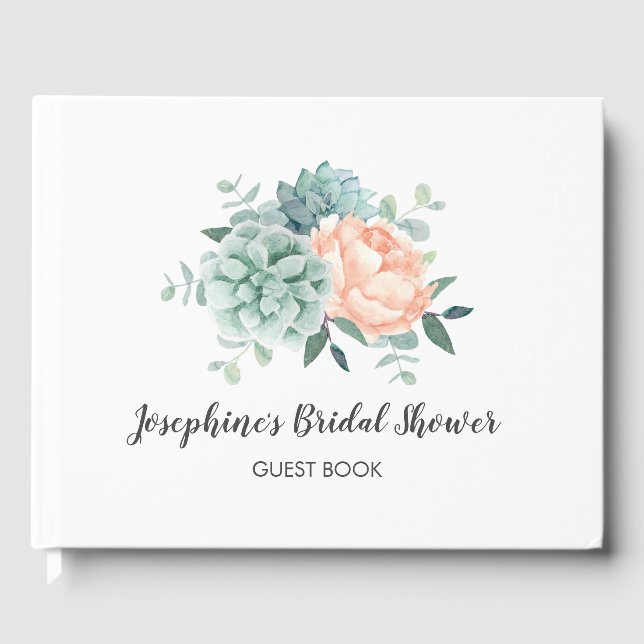 Peony Succulents Floral Watercolor Bridal Shower Guest Book (Front)