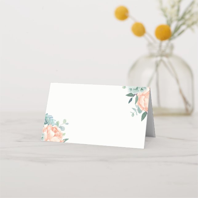 Peony Succulents Floral Watercolor Wedding Place Card (Front)