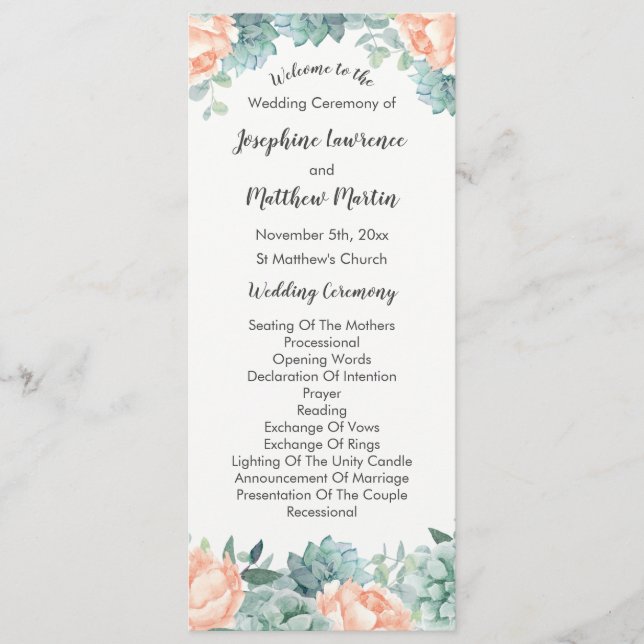 Peony Succulents Foliage Wedding Program Programme (Front)