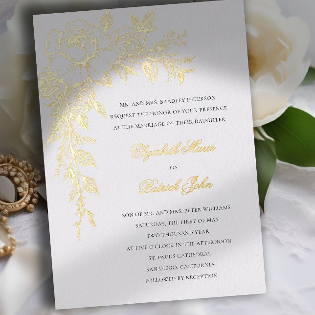 Peony Vow Ivory Elegant Formal Classic Wedding (peony wedding invitation formal traditional modern classic art sketch gold foil ivory)