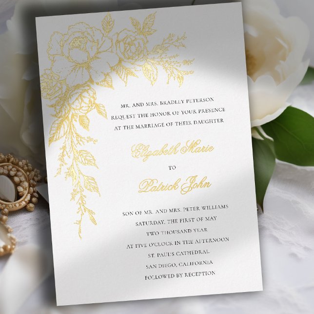 Peony Vow White Elegant Formal Classic Wedding (peony wedding invitation formal traditional modern classic art sketch gold foil white)