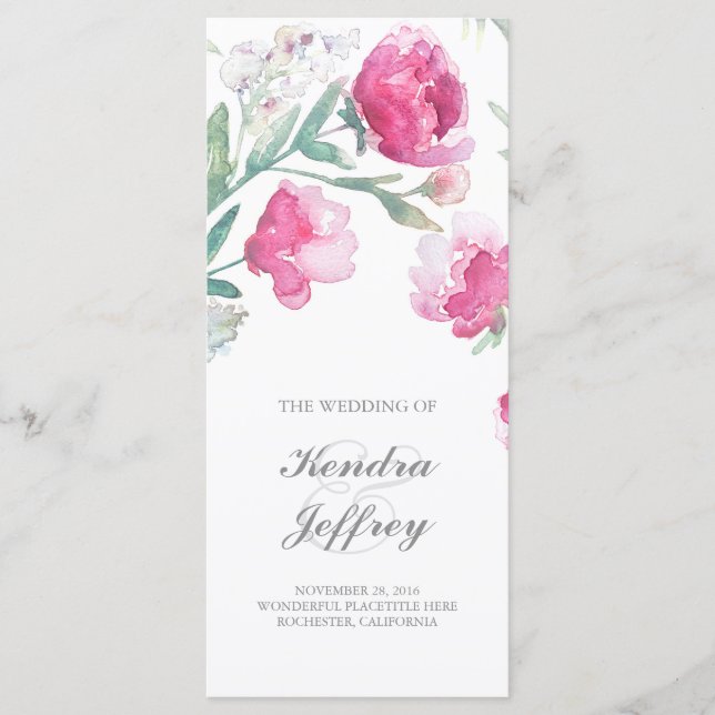 Peony Watercolor Floral Modern Wedding Programs Programme (Front)