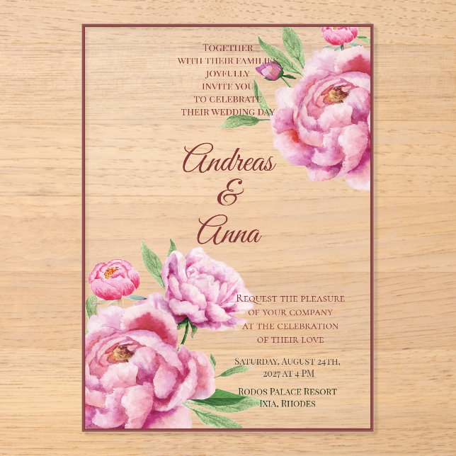 Peony Wedding Acrylic Invitations (Front)