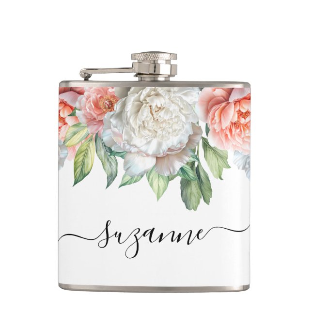 Peony Wedding Bridal Bachelorette Name Hip Flask (Front)