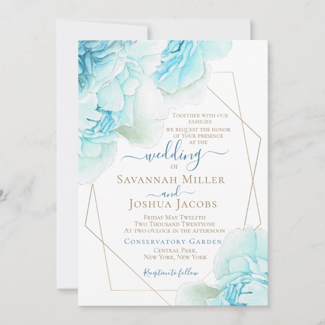 Peony wedding dusty blue watercolor floral wedding invitation (Front)