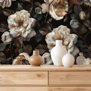 Peony White Dark Floral Wallpaper
