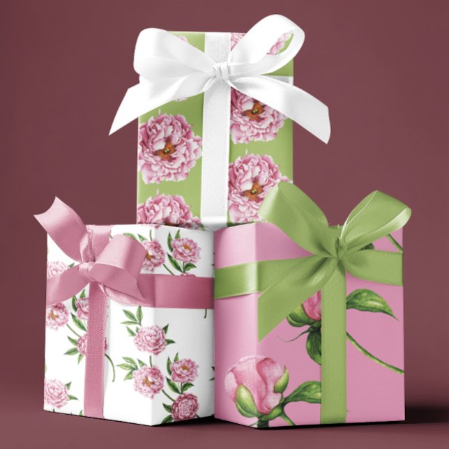 Peony Wrapping Paper Flat Sheet Set of 3 (Celebrate someone special with these watercolor peony wrapping paper sheets! )